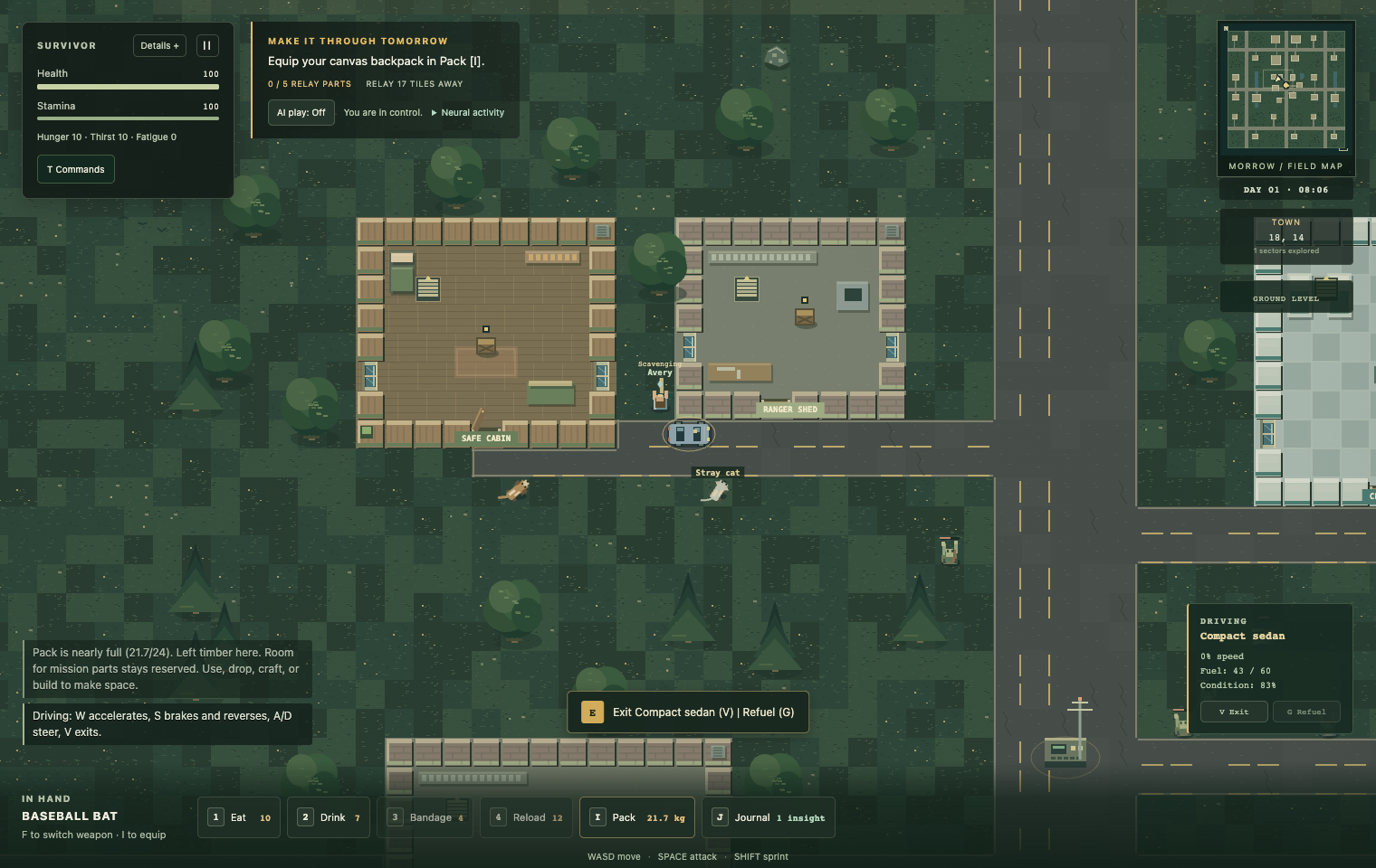 After the Sirens gameplay: a top-down survivor among houses, roads, cars, and undead in Morrow