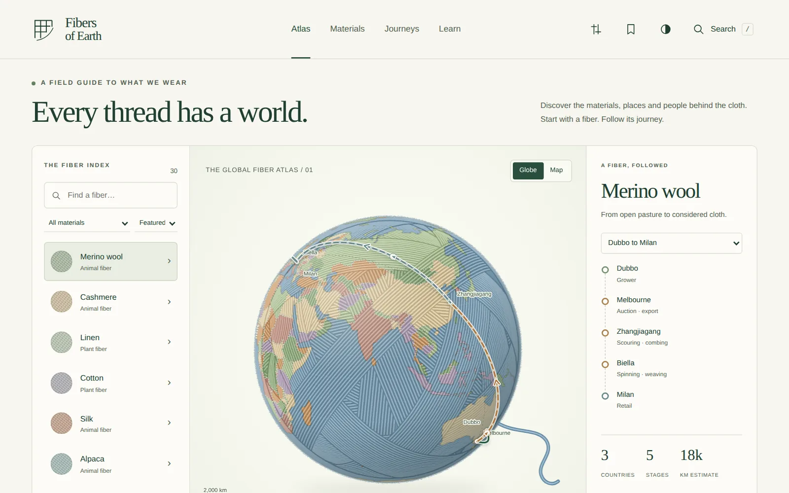 Fibers of Earth atlas: a ball-of-yarn globe tracing Merino wool from grower to mill