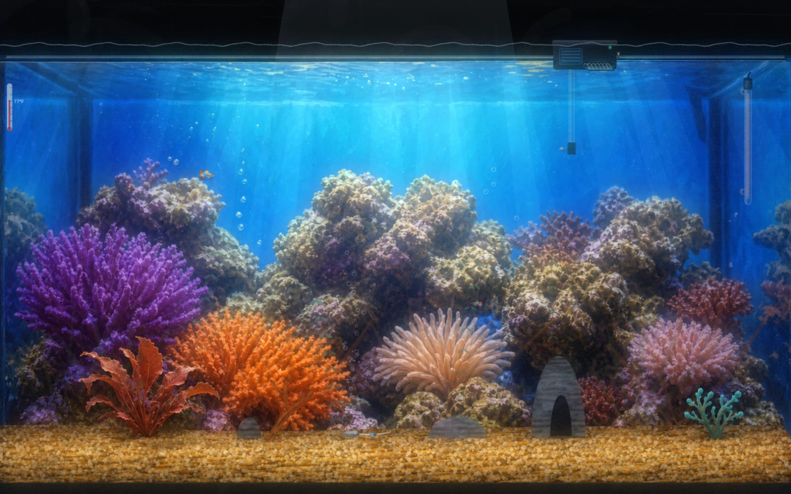 An illustrated Fins aquarium with coral, textured aquatic plants, and fish