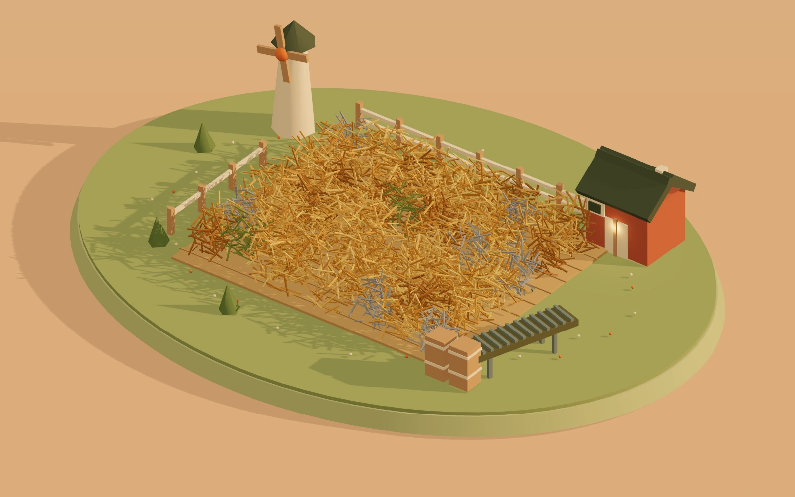 A detailed miniature hay field with a windmill and farm scenery