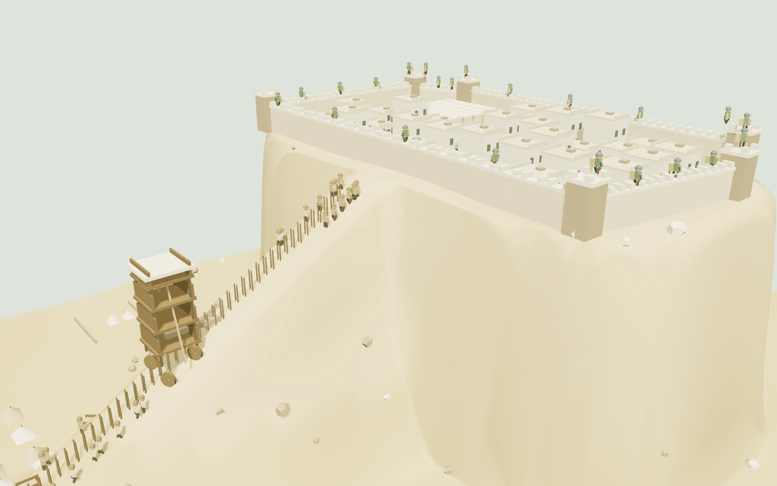 Workers and a siege tower approach the walled fortress at Masada