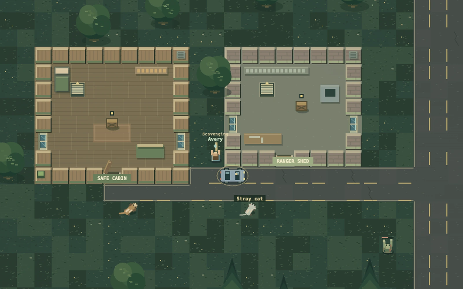 Safe cabin and ranger shed at dusk in After the Sirens, with a parked car and stray cats