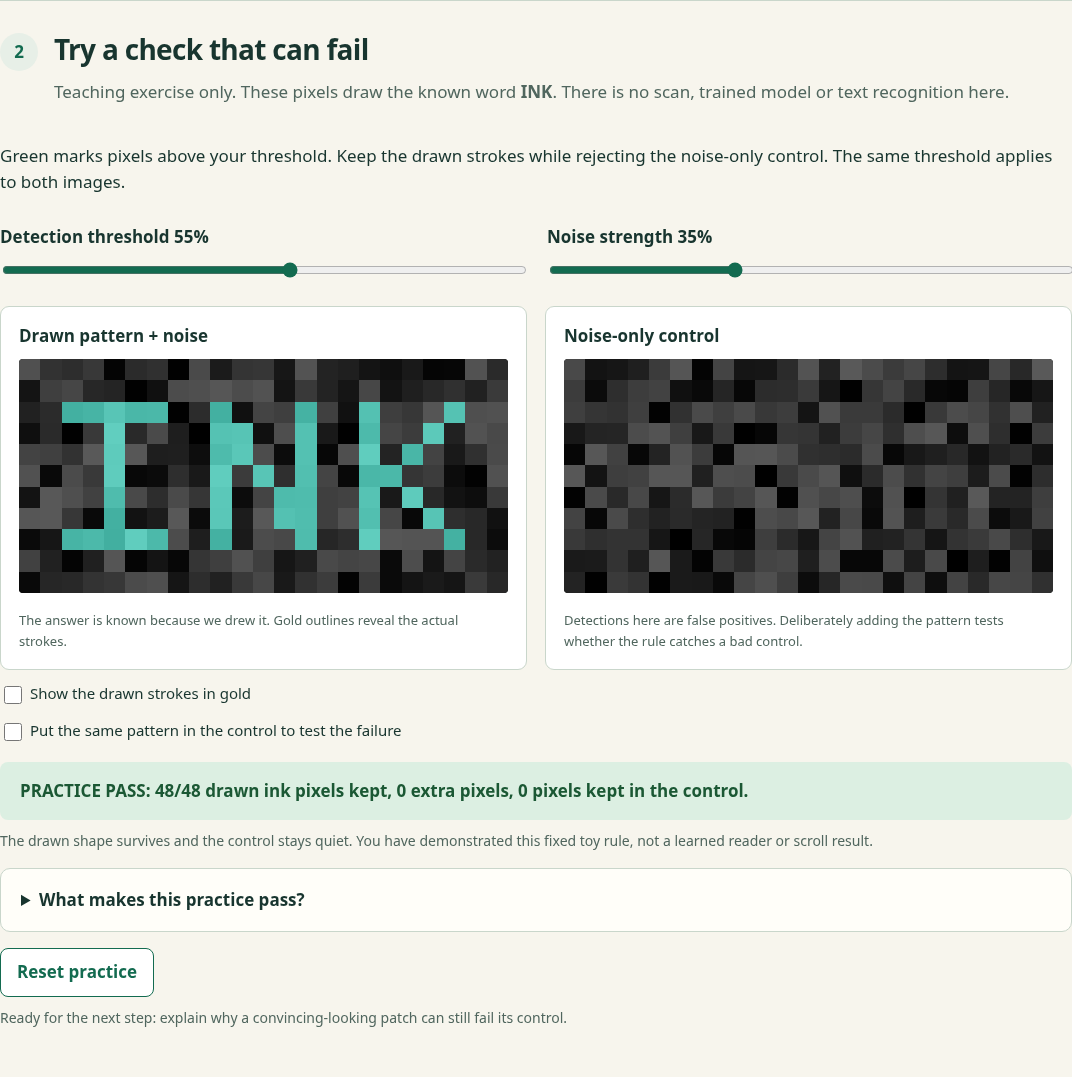 Scrolls Starter: a synthetic INK pattern beside its noise control